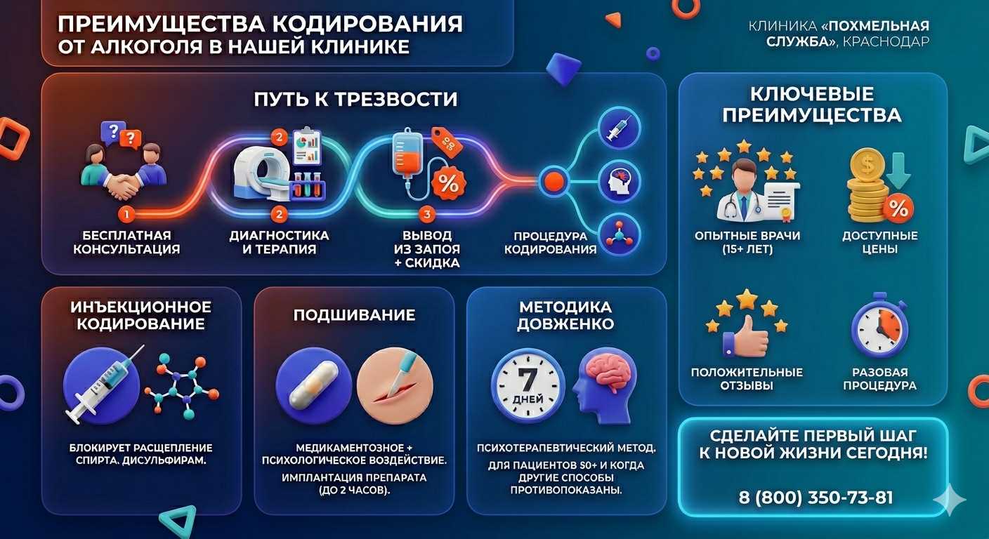 Инфографика о методах кодирования от алкоголя в Шалушке: инъекции, подшивание, метод Довженко. Преимущества клиники и этапы лечения.