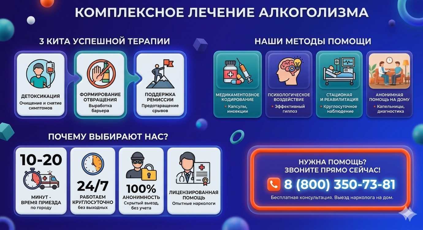 Инфографика о методах лечения алкоголизма в Шалушке: детоксикация, кодирование и анонимная помощь на дому от клиники Похмельная служба.