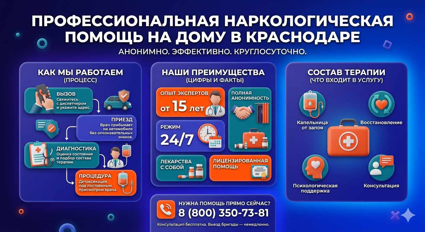 Инфографика о принципах лечения алкоголизма на дому в Шалушке: этапы вызова нарколога, преимущества анонимной детоксикации и состав медицинской помощи.
